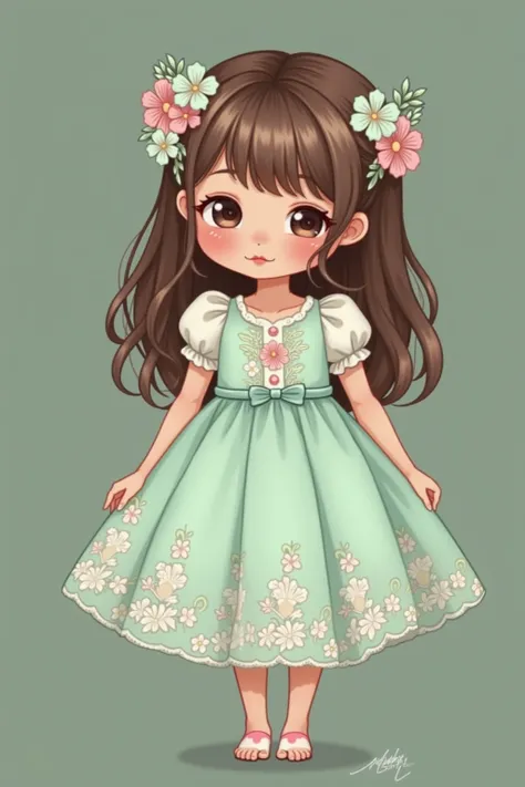 cute、cute女の子、For a mint green dress、Luxurious botanical pattern embroidery on the hem of the dress、With pastel embroidery thread、feeling soft、The embroidery on the hair dress also has a botanical pattern。Pink brown hair、