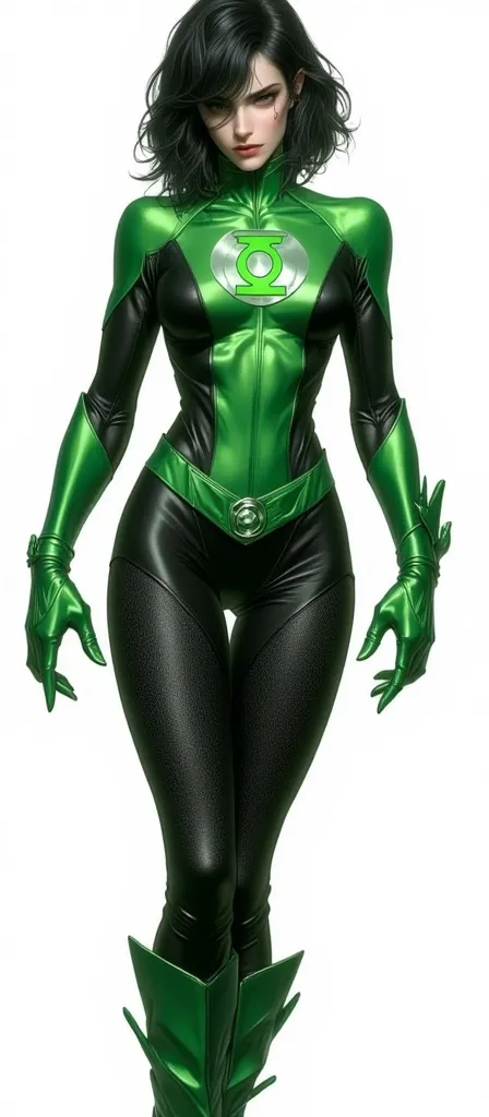 A  beautiful and gorgeous and sexy slender black Bob hair Lady green Lantern wearing green and black leather honeycomb textured tight fit leather spandex costume.greenngloves and belt and boots.. hero suit with green lantern symbol on his chest,standing in...