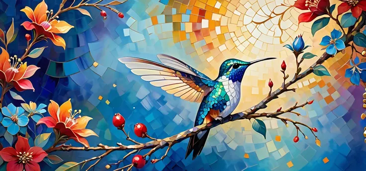 A stunning and artistic painting of a hummingbird perched on a delicate branch, surrounded by vibrant flowers and berries. The bird is on the far right of this image. The bird's feathers shimmer with intricate textures and a mosaic-like effect, featuring s...