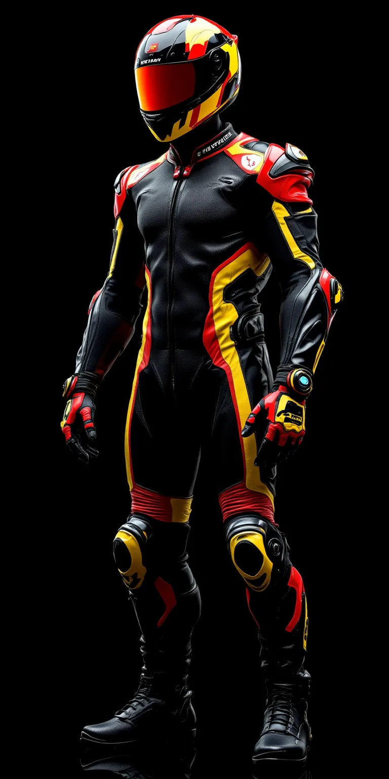 "Full body Front view, (((No text on suit or helmet))) of A man with real fit and tone body wide chest small waist wearing a sleek tight fitting black and red leather motorcycle race suit with yellow accents on the shoulders and arms, elbow and knee skid p...