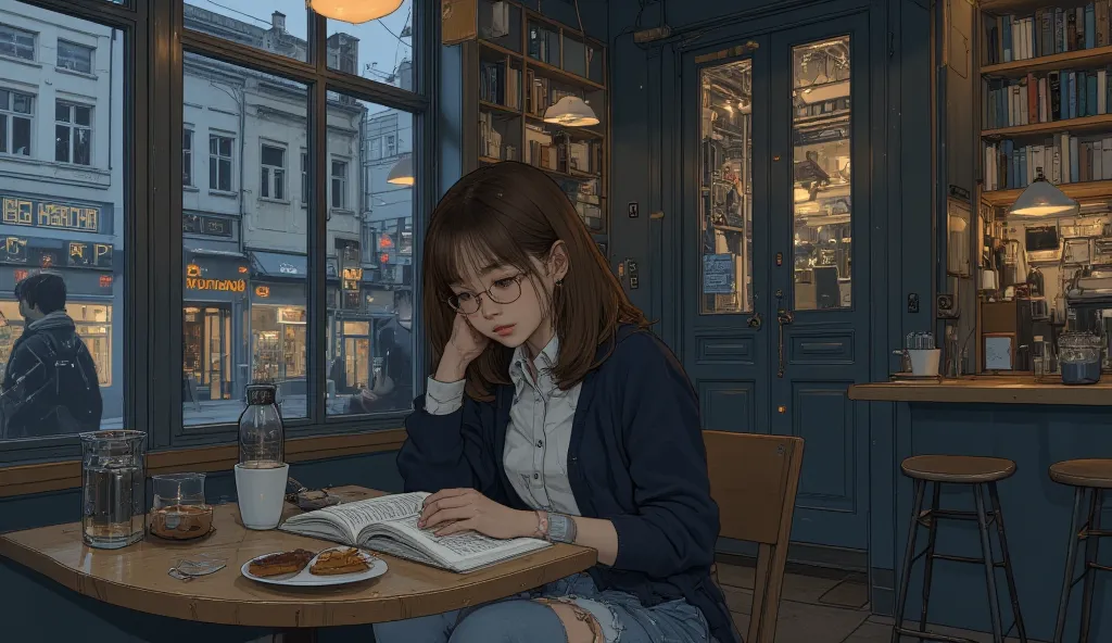 Anime-style lofi art of a quiet and bookish young female student with shoulder-length brown hair, hazel eyes, and delicate round glasses, sitting by a large café window on a rainy evening. She wears a navy blue cardigan over a white shirt, paired with ripp...