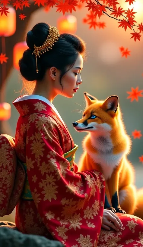 A stunning Japanese woman in a richly decorated red and gold kimono sits gracefully in a traditional Japanese garden at sunset. Her elegant black hair is styled in a sophisticated bun adorned with golden ornaments. Beside her, a magnificent golden fox with...