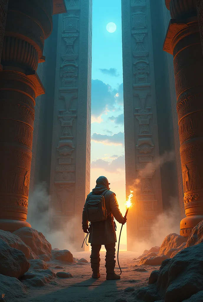 A lone archaeologist stands in the depths of a forgotten Mesopotamian temple, torch in hand, staring at an ancient monolithic tablet covered in glowing cuneiform symbols. The inscriptions tell the story of the Anunnaki—towering celestial beings depicted wi...