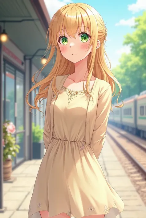 A beautiful high school girl with bright, silky golden-blonde hair styled in an elegant half-up hairstyle, with soft strands framing her face. Her stunning, transparent emerald green eyes have a modern anime style with a gentle sparkle. She is wearing a re...