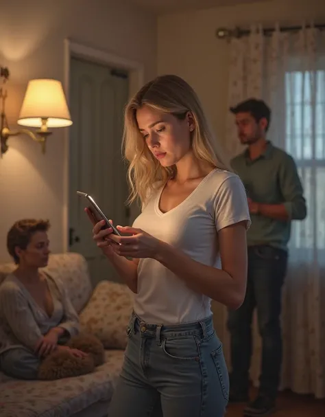 A Close-up of Realistic Scene of 25-year-old blonde female wearing a Long v Neck white T-shirt with very big chest and jeans stands inside a cozy, well-lit home, looking at her smartphone with a little sad smile. She appears sad yet engaged. Beside her, a ...