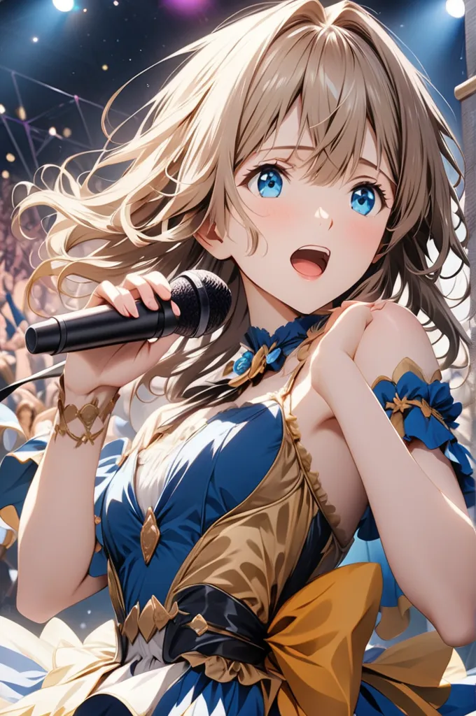 Anime-style illustration Violet Evergarden style, beautiful woman, circus diva on stage, singing passionately, gorgeous dress, illuminated by multiple spots, appearance, national idol upper body close-up,Singing with a microphone、High Resolution, accurate,...