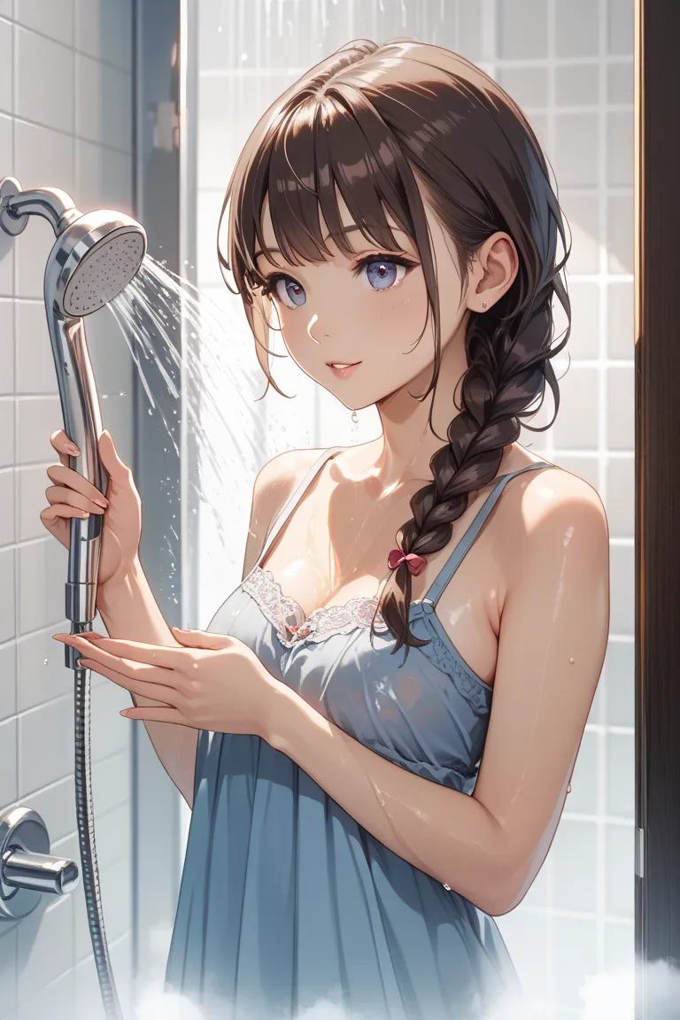 young Japanese woman with long, dark brown hair stands under a shower head. Water streams down her body and hair. She has fair skin and is looking directly at the camera. Her hands are clasped together near her chest. The shower head is silver and is mount...