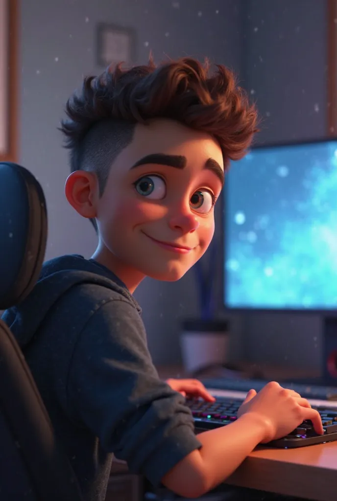 /imagine an animated 3D version in the realistic Pixar style on myself. Short curly hair shaved from the sides and combed back, slightly thick eyebrow, Clean face,  In a gamer room [PASTE THE LINK TO YOUR PHOTO]