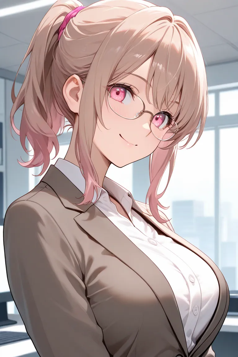 upper body bust shot,light brown medium hair, pink eyes, business suit,ponytail,office, glasses,solo, smile