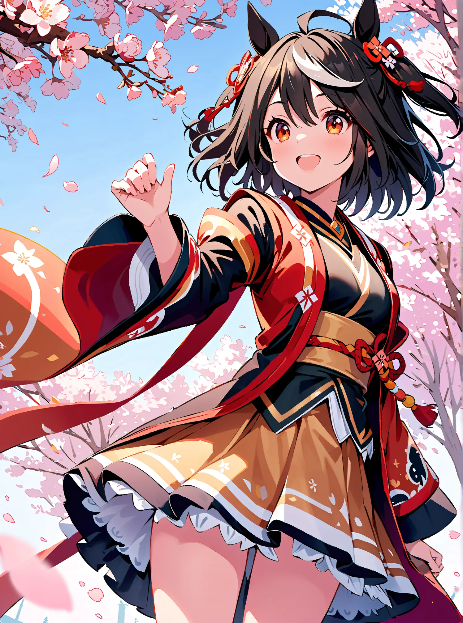 1 Girl, cute,kitasan black(umamusume), (((masterpiece))), many decorations, high quality, high quality, (((extremely detailed))), 8k, background design,cherry blossom,petals,spring,(((background Design))),kirakira,(((cowboy shot))),spring,spring fassion,