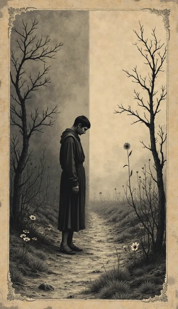 "Vintage style illustration, inspired by 19th century engravings, with sepia tones and black and white.  in the center, a scenario divided : on one side,  A human figure , in a position of mourning,  with an expression of regret , standing in a desolate an...