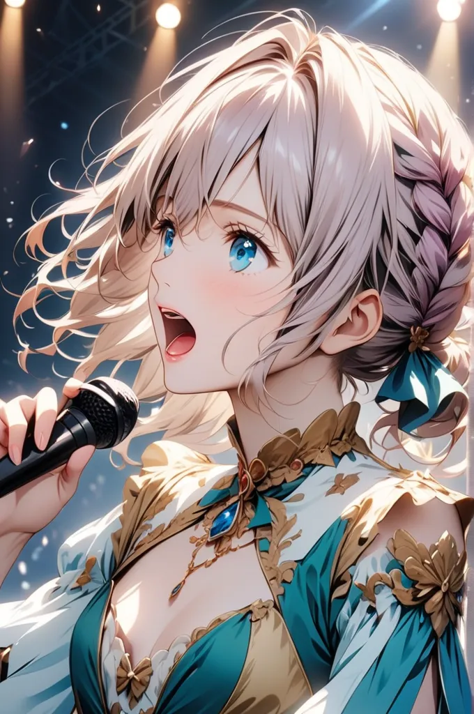 Anime-style illustration Violet Evergarden style, beautiful woman, circus diva on stage, singing passionately, gorgeous dress, illuminated by multiple spots, appearance, national idol upper body close-up,Singing with a microphone、High Resolution, accurate,...