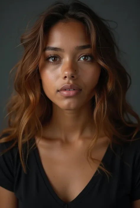 beautiful young woman with her eyes open, honey eyes, She has  brown skin, long caramel wavy hair, and is wearing a black v-neck shirt. The photo is a portrait, taken against a dark grey background. The lighting is moody, highlighting her features and crea...