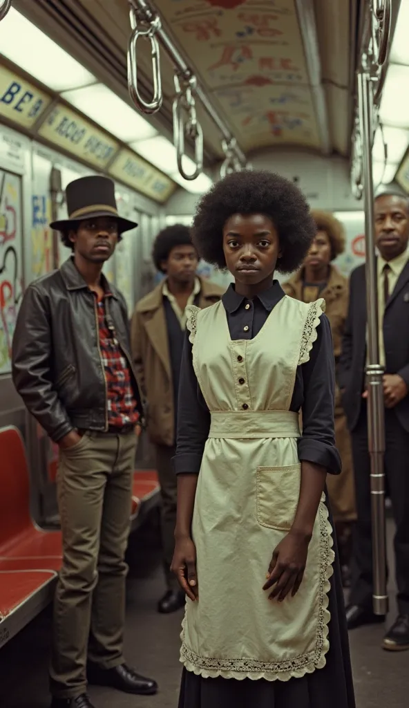 "A 1972 Brooklyn subway car with graffiti-covered walls. A seven-year-old African American boy with short, neatly combed hair (Jonathan) stands watch while his mother, an African American woman in her 30s, sleeps beside him. She wears a worn maid's uniform...