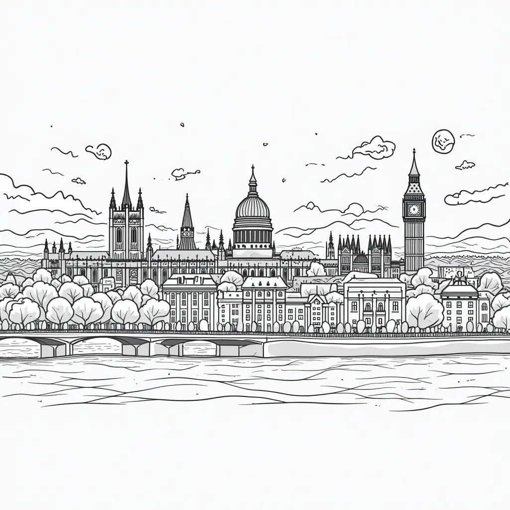 coloring book. no color. In the style of a beautiful landscape London city.