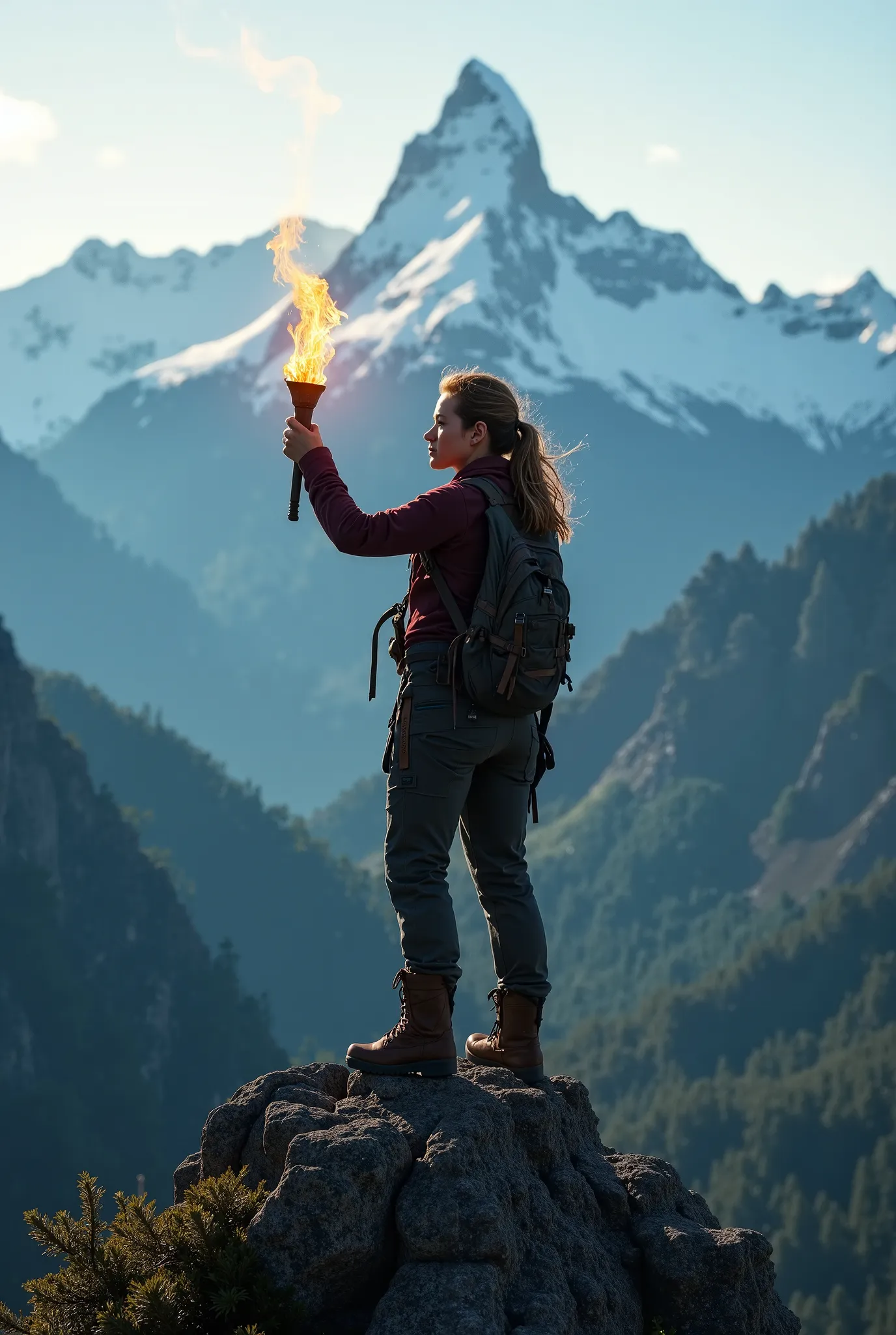 Create a realistic image of an adventurous woman with her back on a mountain peak holding a torch with a forest landscape in front of her