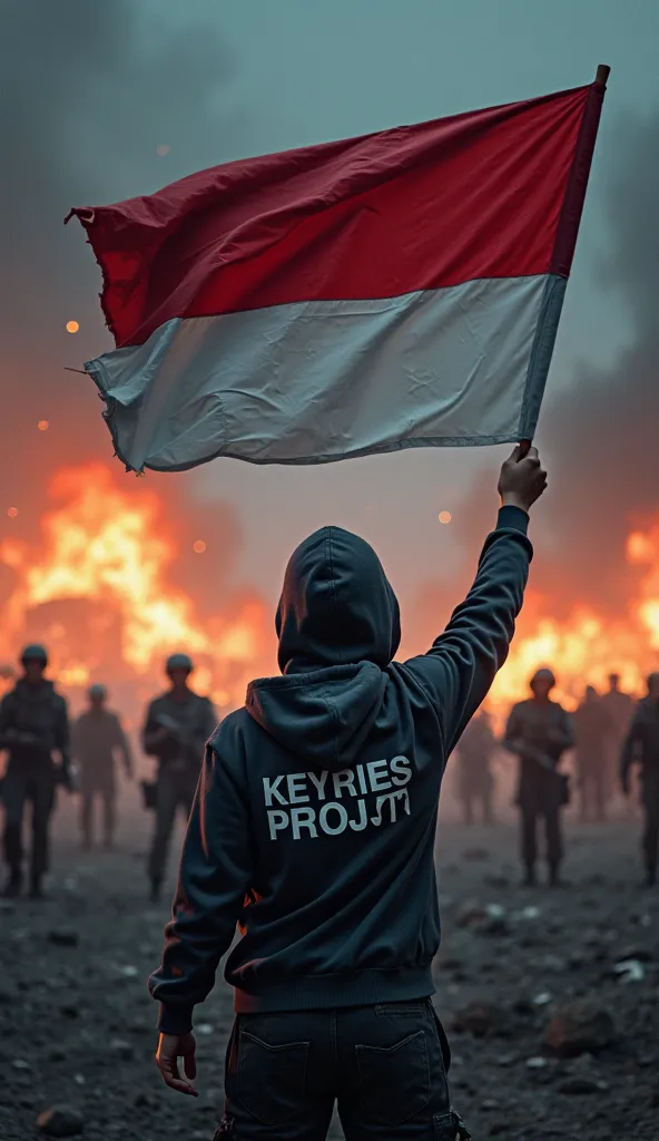 Create a picture of someone holding an indonesian flag and using a hoodie that says KEYRIES PROJCT. Fight an army on the battlefield at night