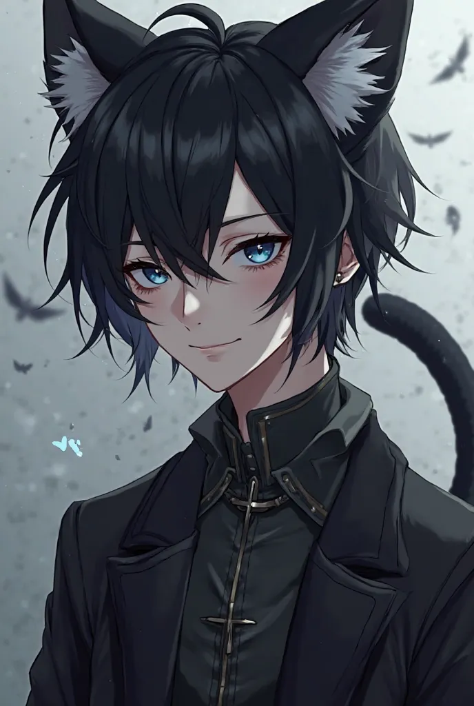 Wren Williams - half vampire, half black cat hybrid (ears and tail), dark grey blue eyes, male, short black hair, exorcist, fangs, innocent, hyper realistic, normal face proportions, in style of d. gray-man anime, 18 years old, 165cm