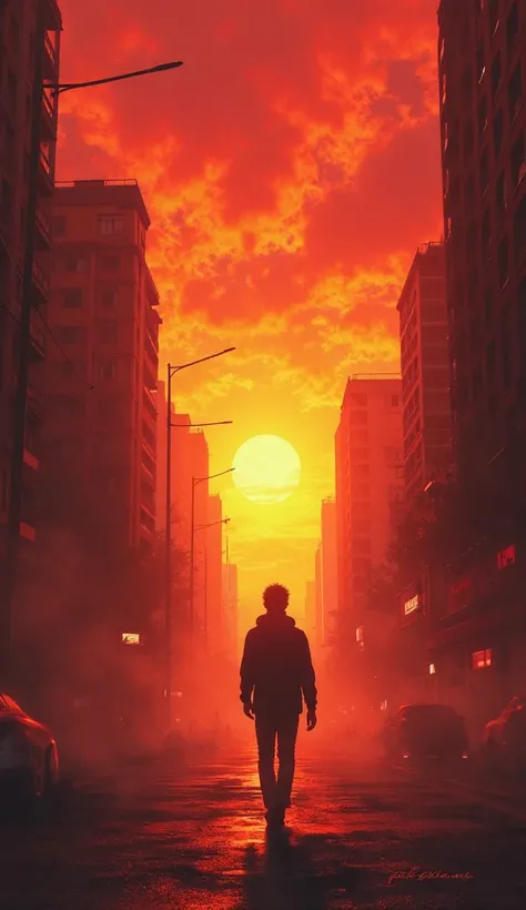 an urban sunrise background with intense red tones,  oranges and golds , showing the silhouette of the person moving towards the light.