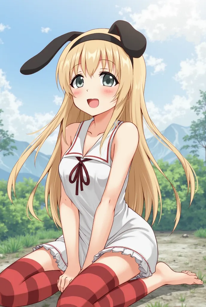 (masterpiece), best quality, expressive eyes, perfect face,Shimakaze (Kantai Collection),blonde hair,long hair,grey eyes,((small breasts)),((petite)),((small)),sleeveless serafuku,short skirt,red striped stockings,black bunny ears headband,excited,happy,cu...