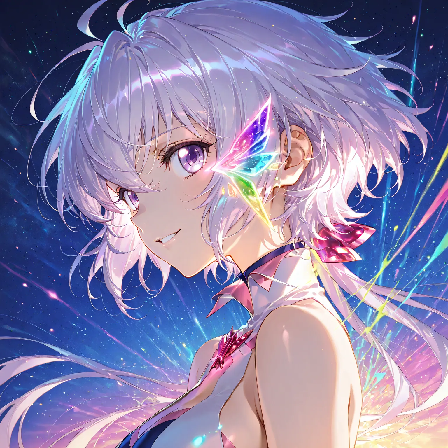 (( 1 girl)), Symphogear、Yukine Kurisu、Yukine Chris、high quality、high image quality、beautiful eyes、colorful,  vibrant, Shining Contours ,neon,green、official art、viewer, masterpiece, very aesthetic、 side view、smile、Light powder、neonヘア、