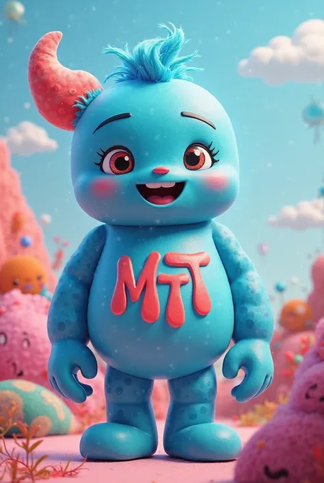 A cartoon character in blue color having mtt written on them