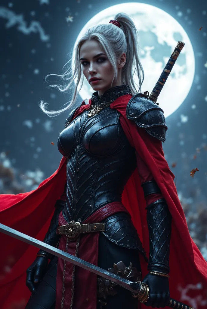 ( masterpiece:1.2, top quality),  Realistic wolf fur images and professional photos on the shoulder  ,  Very realistic , Genuine, 8k,  A fearless woman in an armored suit  , vision, ((  holding Japanese swords  , Wearing a red cape,  silver hair ponytail))...