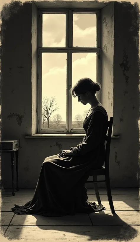 "Vintage style illustration, inspired by 19th century engravings, with sepia tones and black and white.  in the center,  A solitary figure , in period clothing, She is sitting on an old chair in a dark room, with curved shoulders and a distant look. The su...