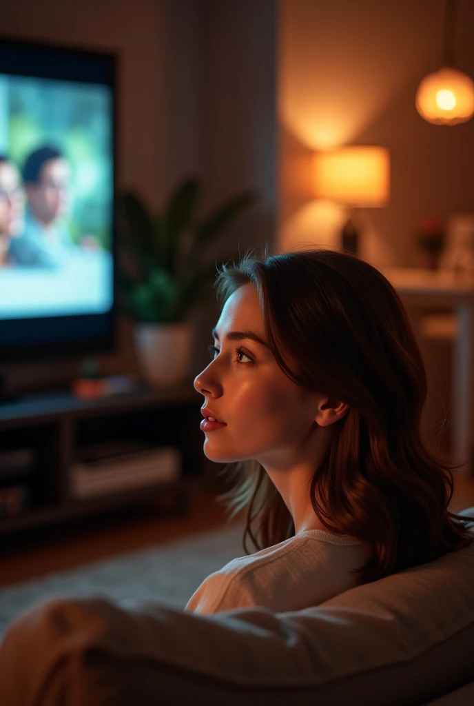 Woman with medium long hair watching a movie on her television