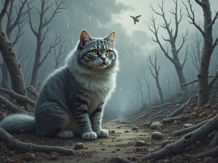 A highly detailed, ultra-realistic fluffy gray and white cat with expressive eyes, standing in the middle of a completely devastated forest. The cat's fur is soft and well-defined, with intricate shading and texture. Its expression is sad and concerned as ...