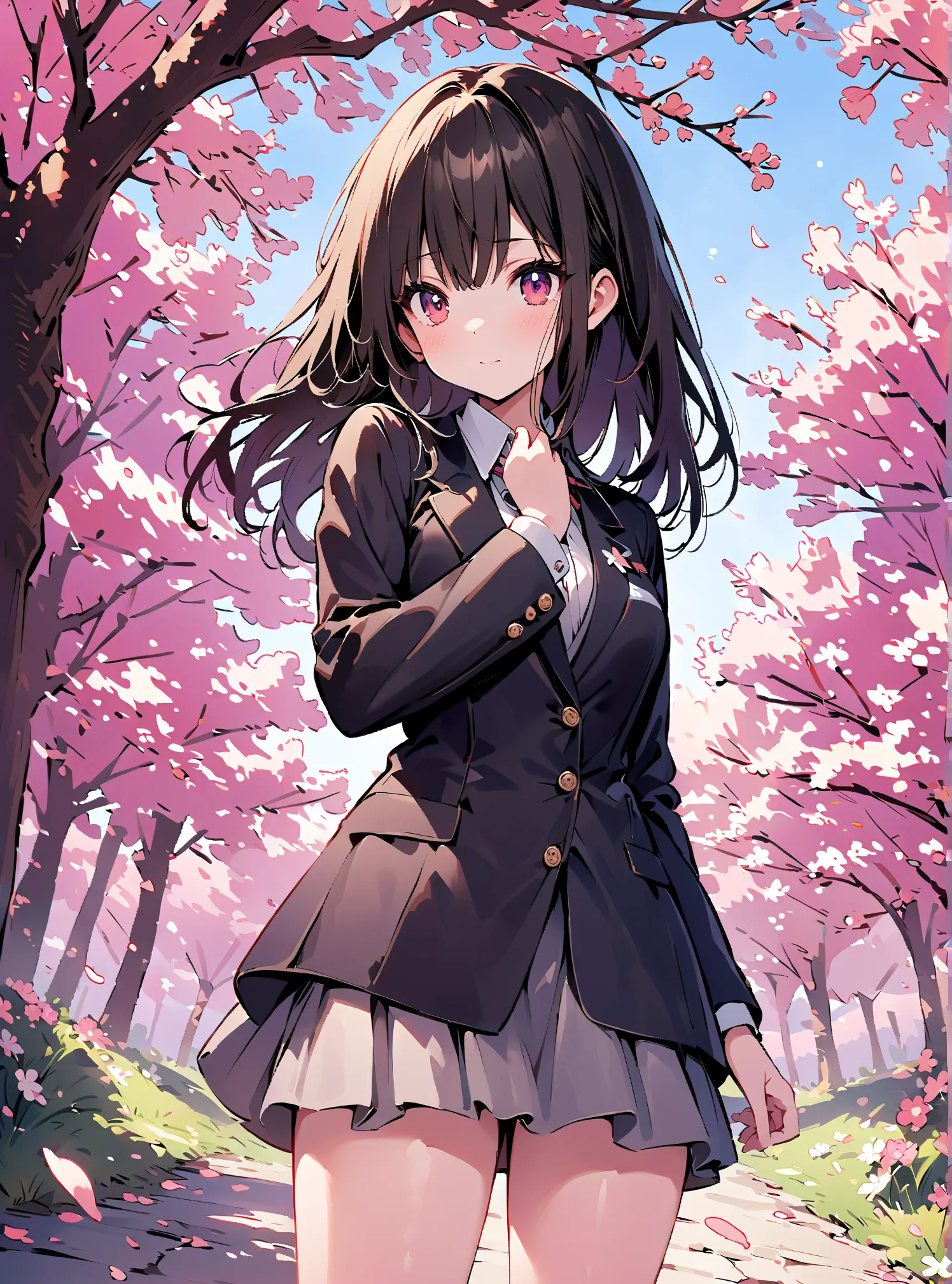 1 Girl, cute, (((masterpiece))), many decorations, high quality, high quality, (((extremely detailed))), 8k, background design,cherry blossom,petals,spring,
(((background Design))),kirakira,(((cowboy shot))),spring,suit,long sleeve,black hair,long straight...