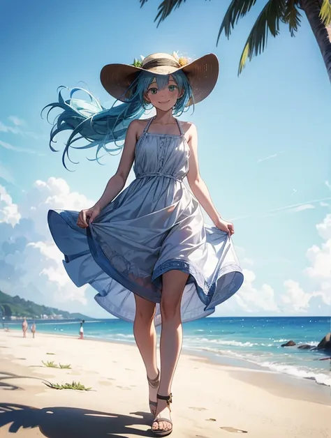 Miku smiling wearing a white sundress hair blown by the wind, wearing and holding a sun hat on her head in the beach, beautil ambient lighting, more of blue and sun colors, fullbody perspective 