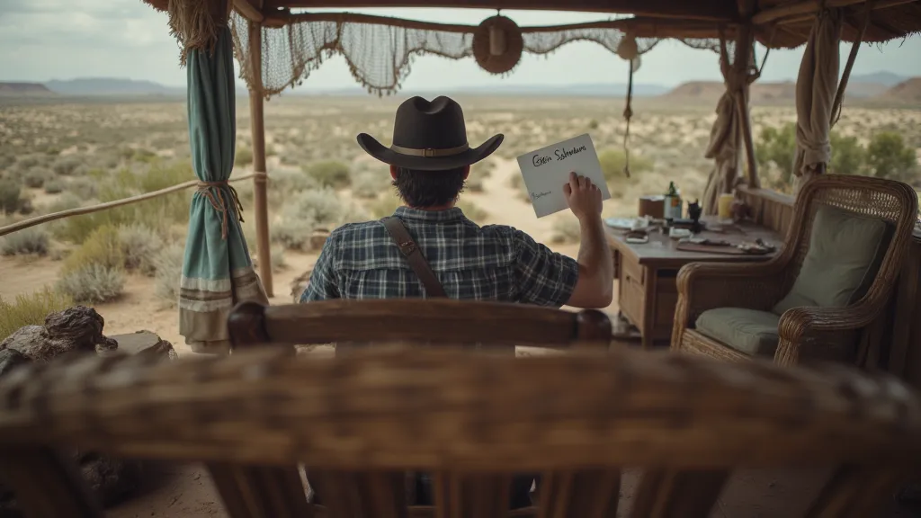  A close-up of the game,   male focus  , ranch, has, Texas,  desert, wicker rocking chair,   is sitting,  epic realistic ,  cinematic ,   holds a name sign  "Egor Shishkin   "