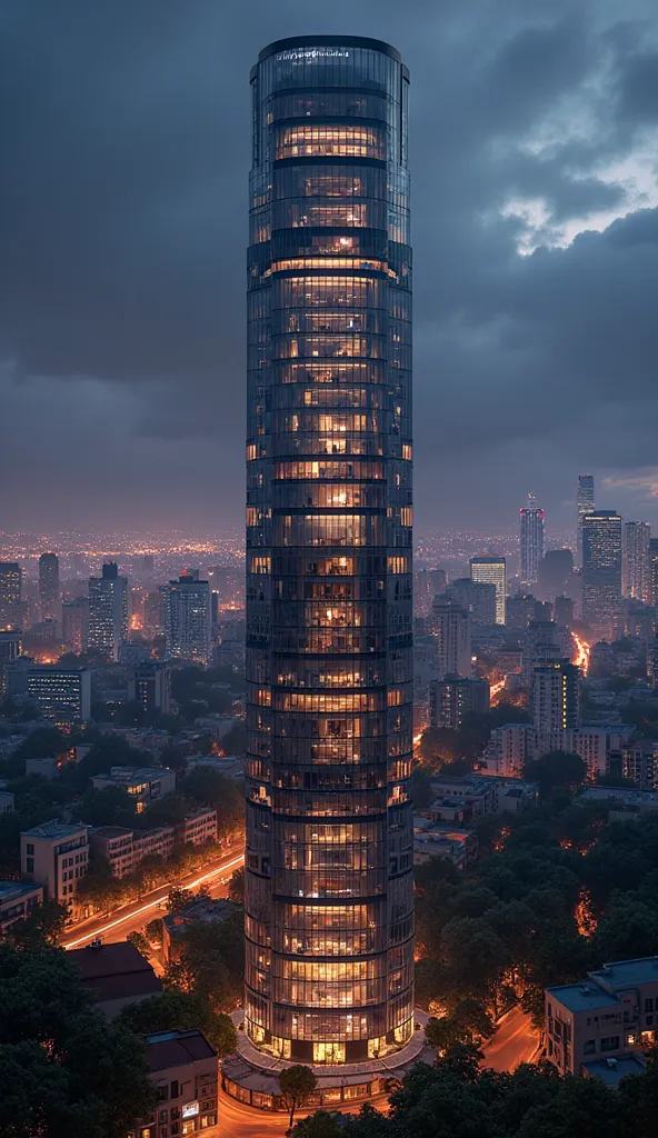 Night view of a modern high-rise apartment.


