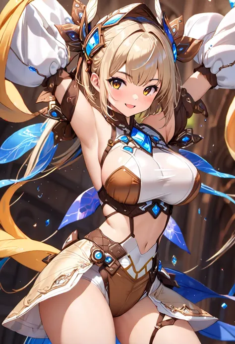 Girl Loli Atelier Ryza medieval futuristic((((fancy))),  ((((natural outfit made of fine silk with details of exotic materials  ))))  ,    shiny skin.  , glamorous pose ,4k, anime art,masterpiece,vanguardist,big breasts,cheerful expression, jumped ,    (((...