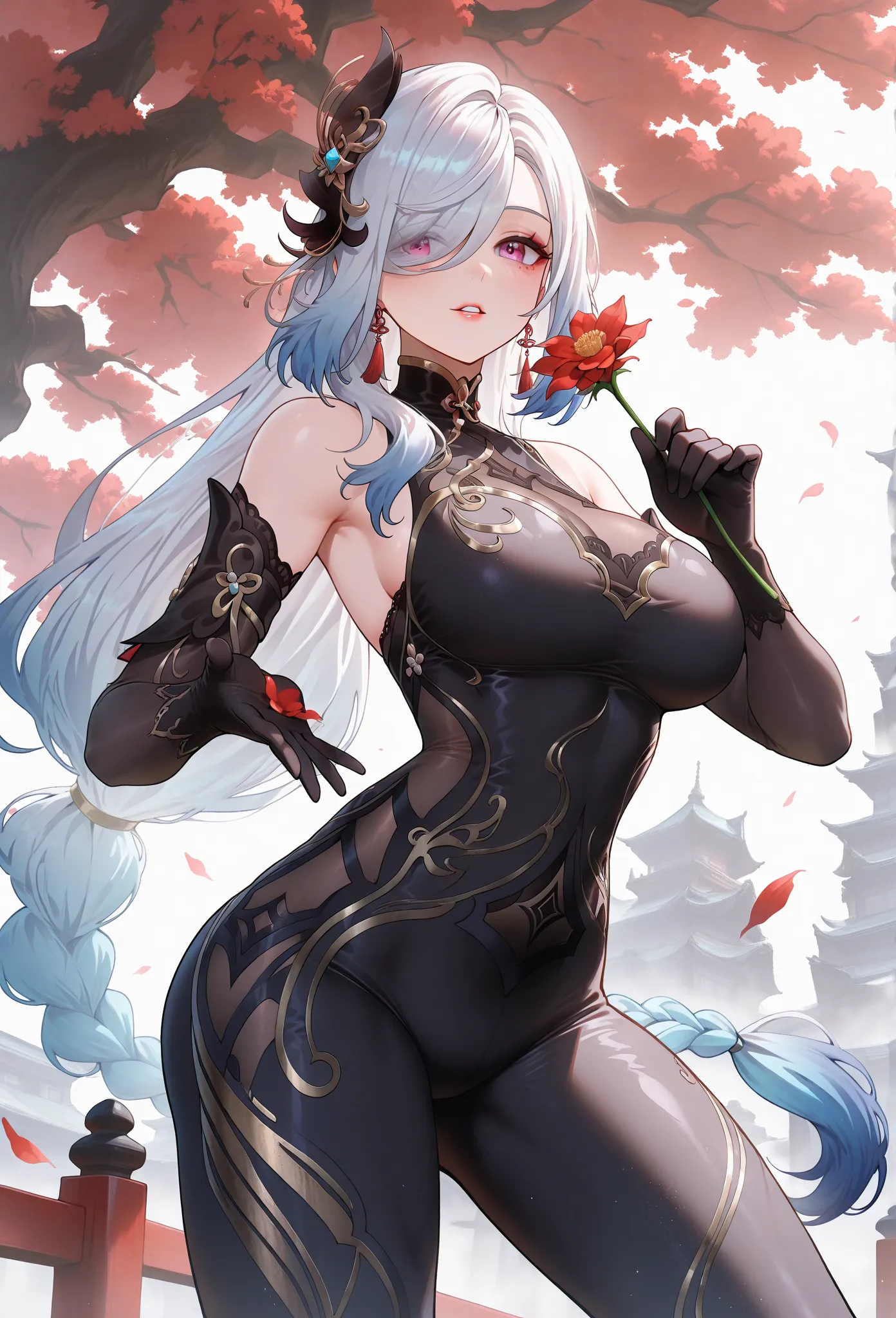 (masterpiece, high resolution, 2k resolution, best quality), ( 1girl , perfect anatomy, perfect face),  mixed_artwork style, (detailed eyes), ( Genshin Shinhaku Reiwa Yuru Shenhe) beautiful woman,hair ornament, gloves, braid, hair over one eye, thighs, out...