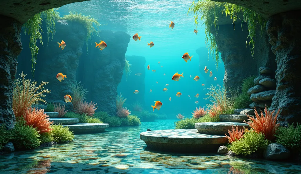 The underwater landscape is picturesque，aquatic plants fluttering like ribbons，There are lively little fish swimming between the branches of the coral，The angles of the stone are three-dimensional in the light and shadow，make your fish tank the visual focu...