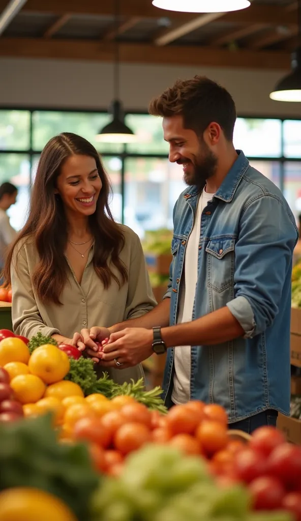 generate a realistic image of a happy 25-year-old Brazilian couple at the fruit and vegetable store choosing vegetables on a sunny day in the general frame captured by the Alpha A7R III Camera – Sony and the Sigma 402965 Contemporary Lens, 16mm f/1.4 DC DN...