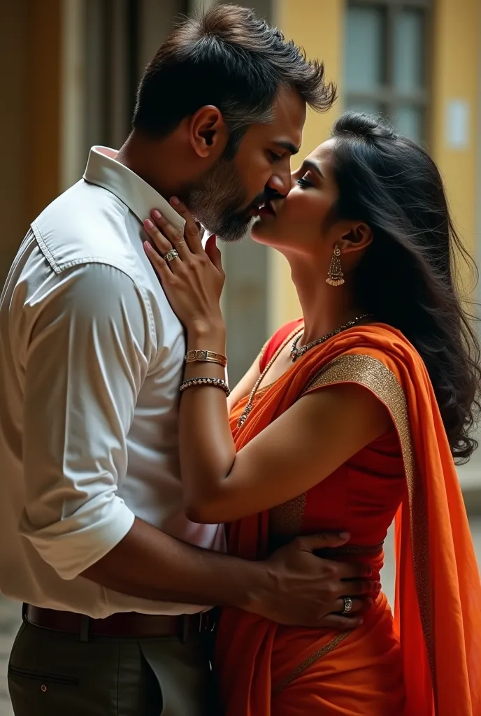 A 40-45-year-old Indian man is wearing a shirt and pants, while a 35-40-year-old woman is wearing a saree and sleevless blouse They are lip lock kisscaptured in a close-up shot, creating a romantic atmosphere. Very hot pose 

