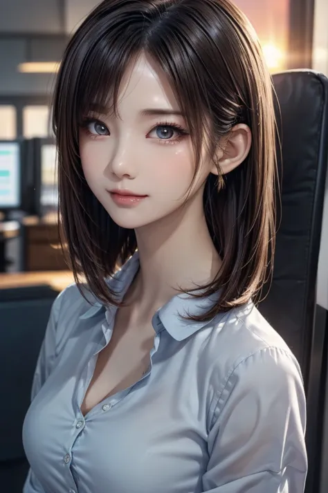 straight bob hair, 1girl, (masterpiece, high quality:1.2), long eyelashes, detailed beautiful eyes, perfect eyeliner, beautiful glossy lips, (((round face))), soft facial contours, radiant skin glow, realistic skin pores, beautiful breasts, wearing a gray ...