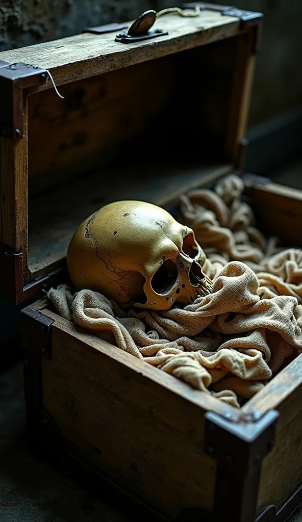  A close-up of an old, weathered wooden chest, its lid creaking open to reveal a disturbing sight inside. A bundle of tattered, decayed clothing rests on top of aged, crumbling fabric. Partially buried beneath the cloth is a human skull, yellowed with time...