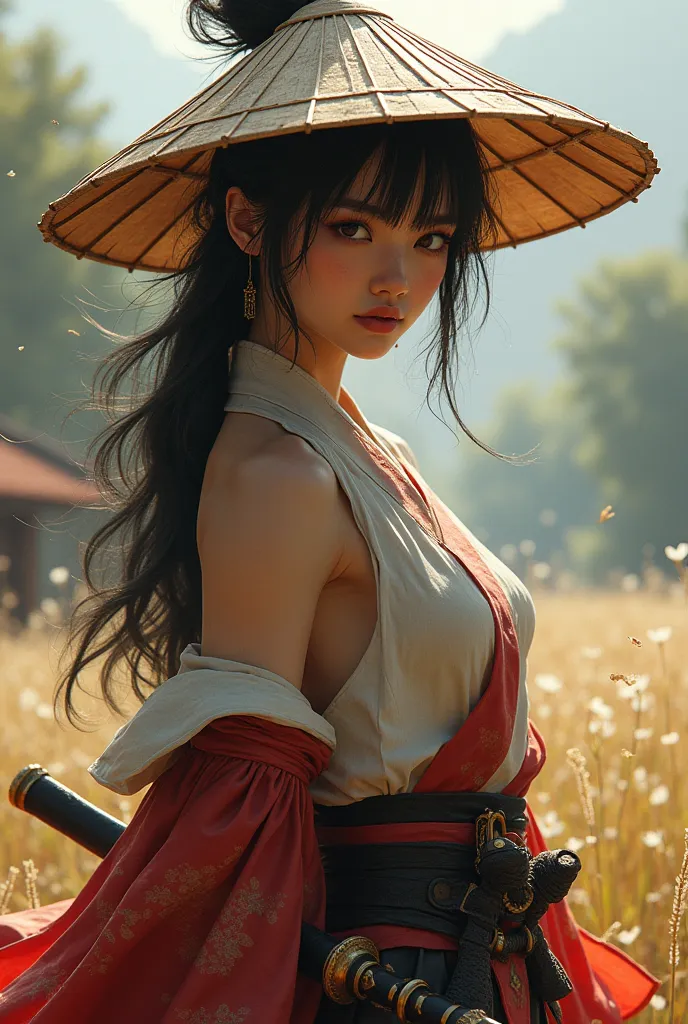 Slim sexy, mascular with abs and beautiful face, young japanesse sword woman, wearing male swordsman attire with farmer's native hat.