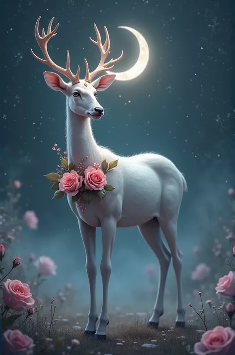 Draw a deer with a half moon on its forehead and three roses under its neck