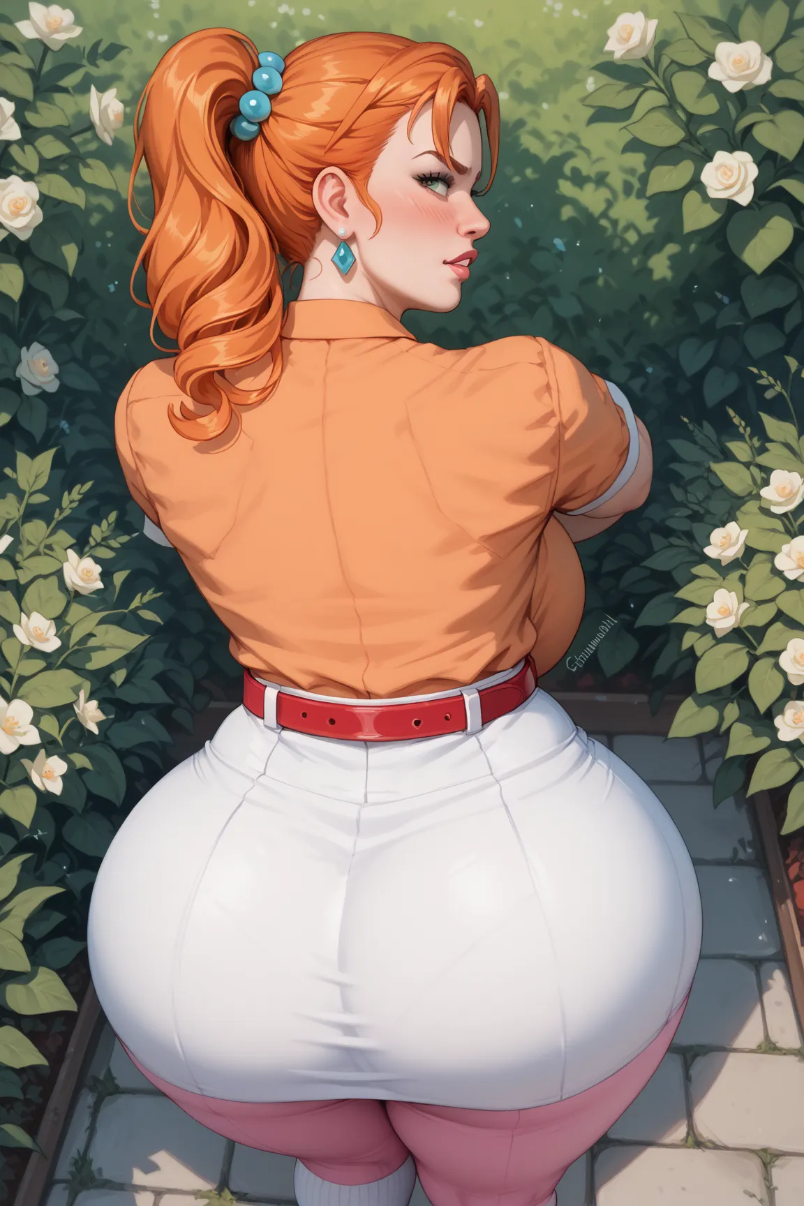  Candice Flynn, orange hair, wide,  irritated, blushed, Have a look at the, Orange blouse, white skirt,  pink pants , white thigh high socks, From above, Give me back , raise your butt, viewer in your garden.  red belt. Huge chrysanthemum crest