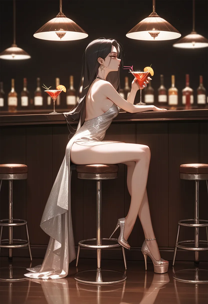 masterpiece, best quality ,1tall girl, full body, high heel, sitting on high stool, in bar, moody lighting, standing chair, girl holding a cocktail glass, wearing gown, (side shot, from side), slit eyes, slit dress