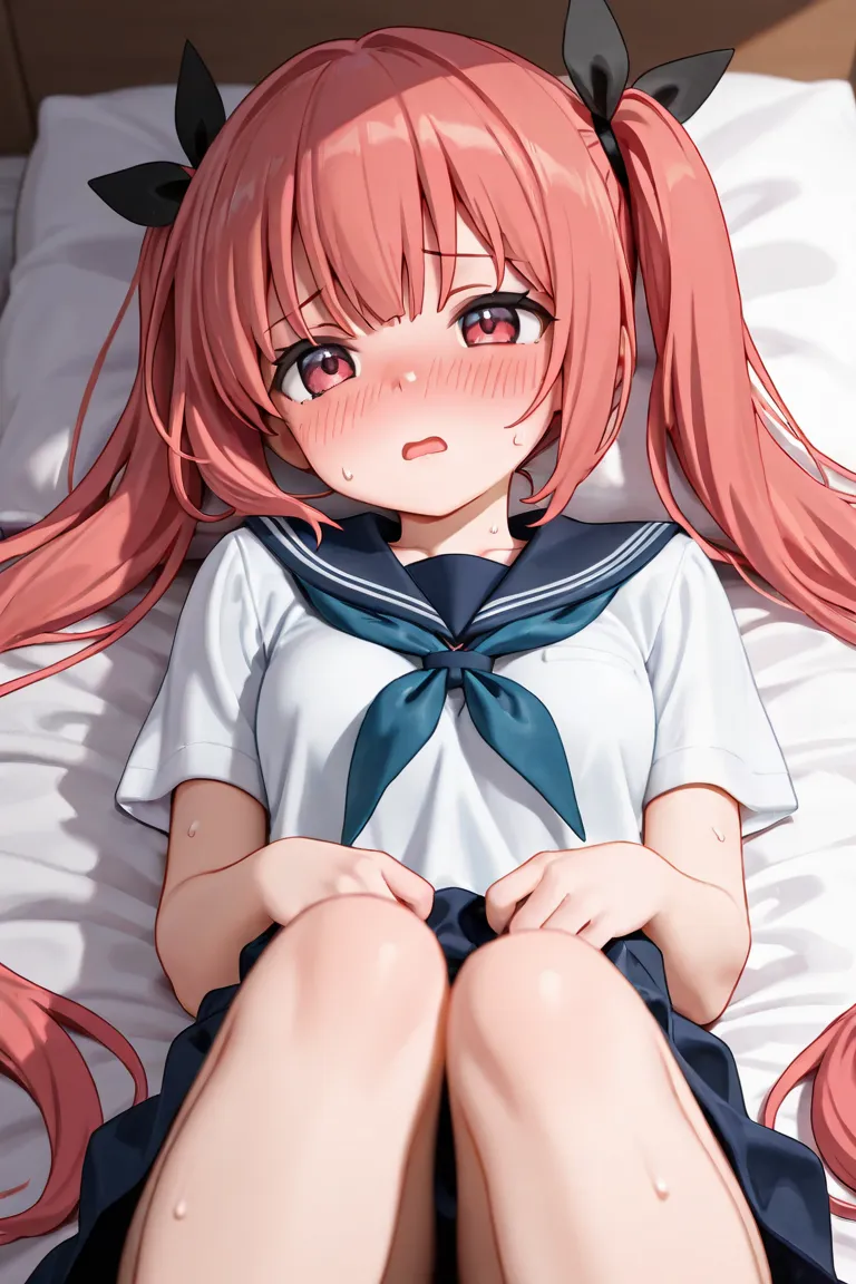 1girl, solo, blush, long tied hair, twin tail, open mouth, nose blush, sweat, school uniform, lying in bed