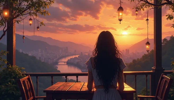 A young woman with long, flowing dark hair sits alone at a rustic wooden table on an open-air terrace, gazing over a breathtaking cityscape at sunset. Her back is turned to the viewer, creating a sense of mystery and introspection. The sky is painted in vi...