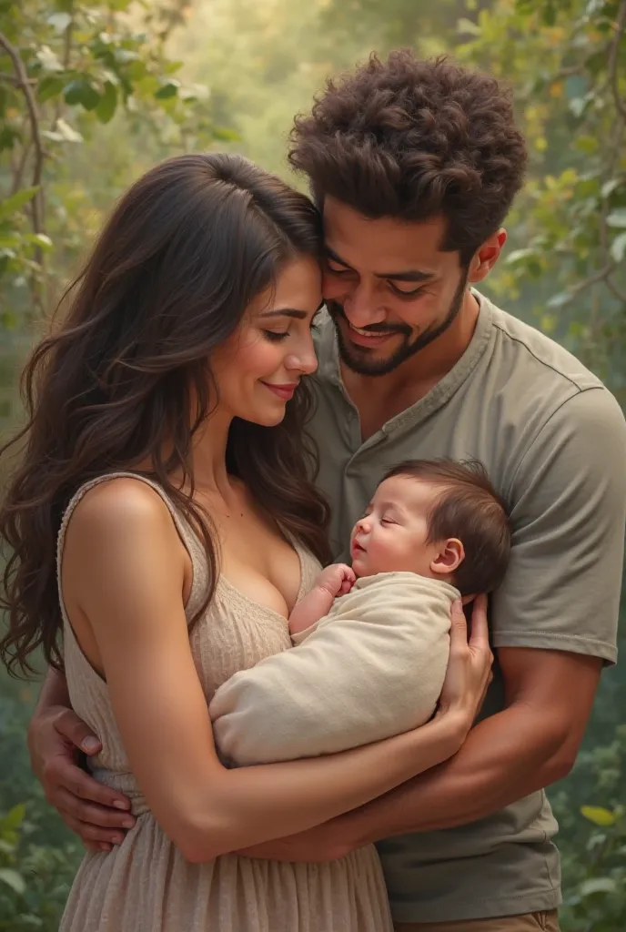 A woman with tan skin and long, straight hair with her white husband and her baby in her arms