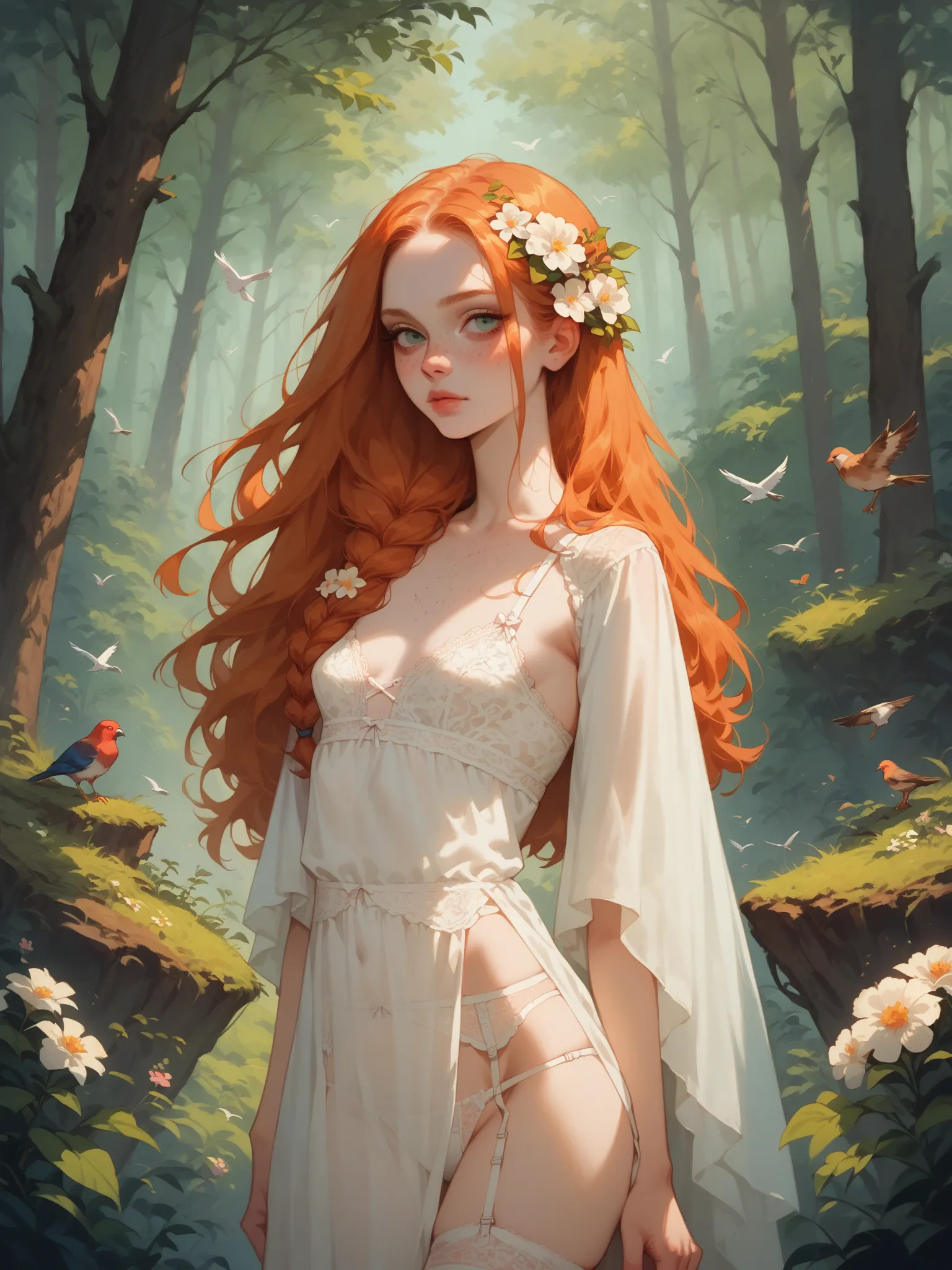 woman standing in beautiful mossy forest. long flowing ginger hair, small breasts, pale skin, freckles, white lace lingerie, flowers in hair, thing trap high waisted thong, garter belt, bird on shoulder, forest animals in back ground. 