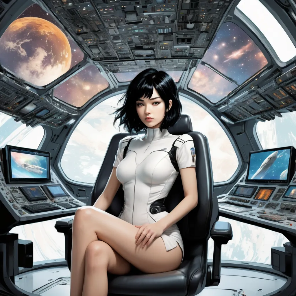 manga,anime,a girls standing in front of a big starship,Jim Mahfood, hyper detailed,white starship,,black hair,Girl with short hair sitting in a chair in the cockpit, inside a futuristic spaceship, surrounded by monitors, the universe on the monitors, Eart...